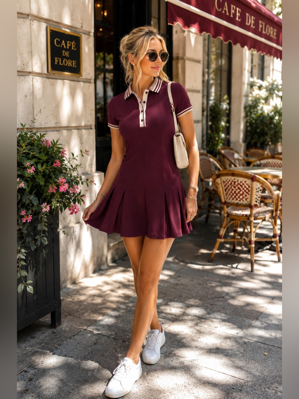 Zara Burgundy Polo Mini Dress with Cream Trim